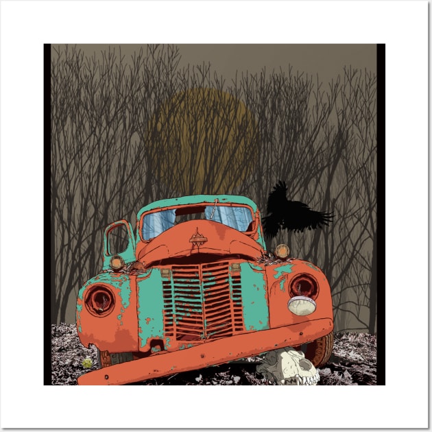 Rusted speedwagon truck, wolf skull and raven Wall Art by RobertBretonArt